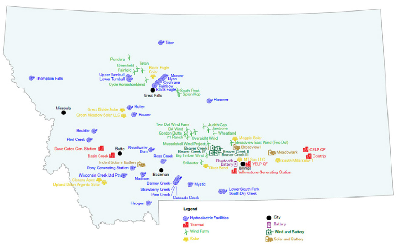 map of NorthWestern Energy Contracted and Owned Generating Resources in Montana
